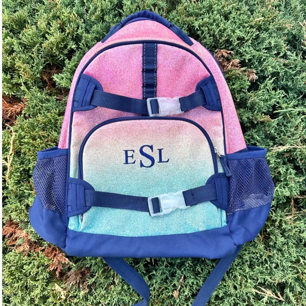 Pottery Barn Kids Mackenzie Ombre Glitter Backpack Pink Blue Navy Monogram ESL
